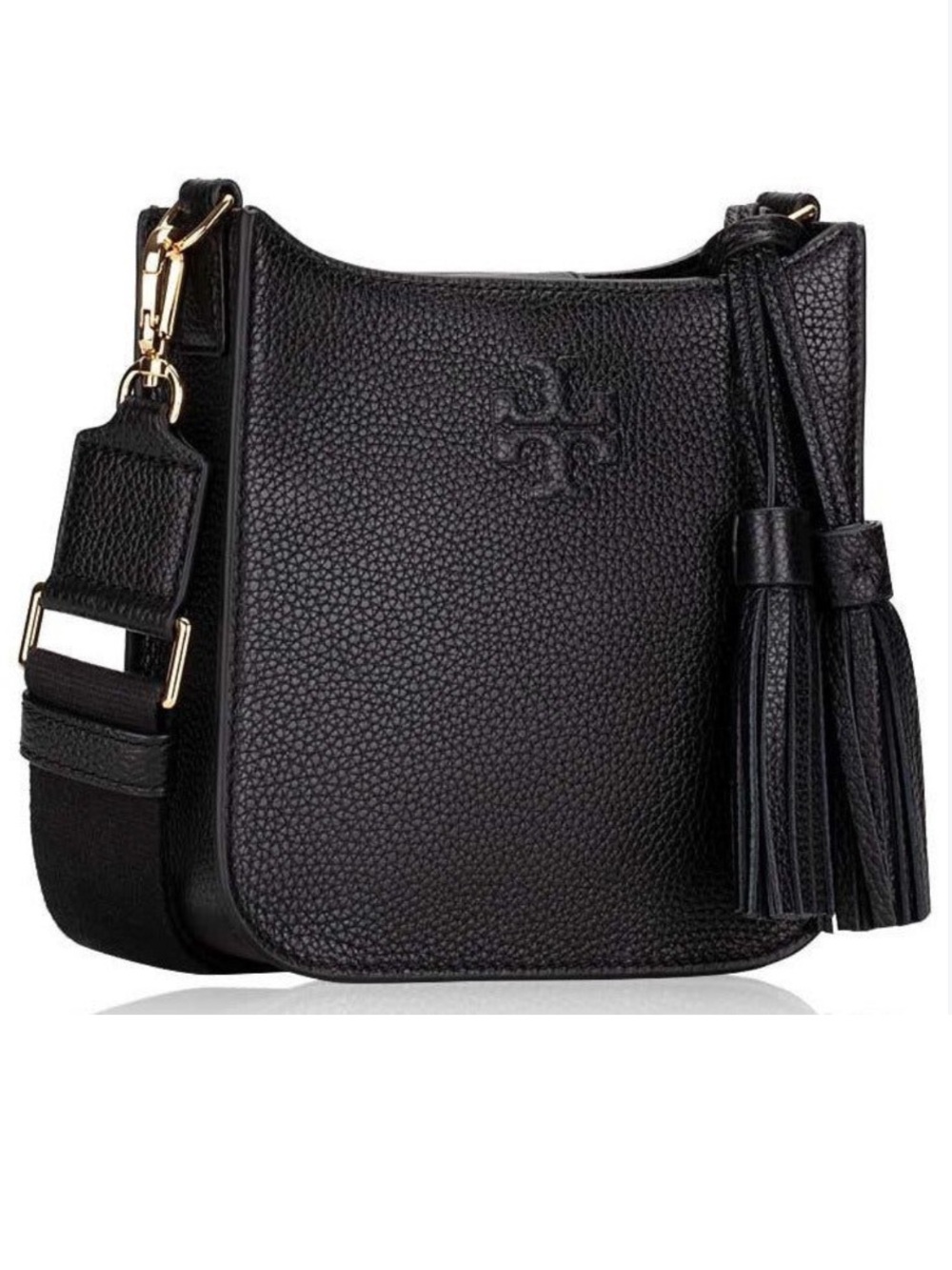 NWOT Tory Burch Thea Mini Web Shoulder Bag Crossbody Purse Black Pebbled Leather